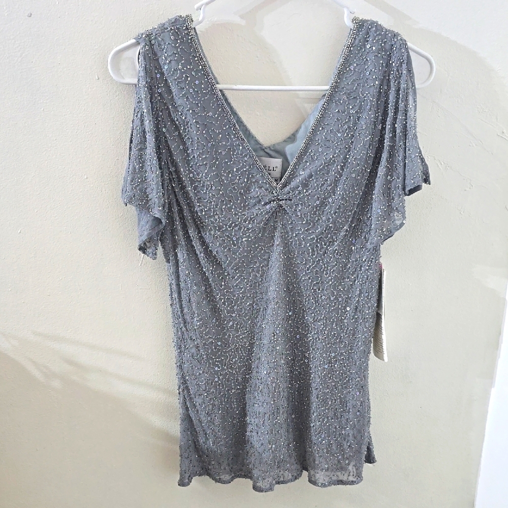 Papell Studio Womens Elegant Gray Silk Beaded Short Sleeve V Neck Top NWT